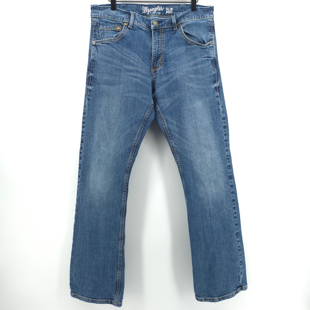 Wrangler Retro Men Slim Boot Jeans 34x34 Blue Western Cowboy Denim WLT77LY
